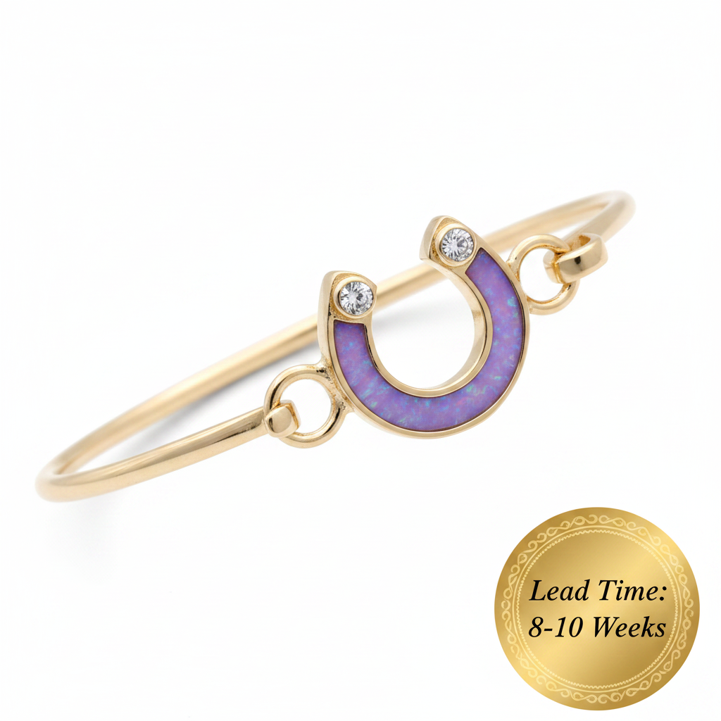 9ct gold horseshoe CZ bangle with lavender opal resin in horseshoe centre, white background, lead time 8-10 weeks sticker