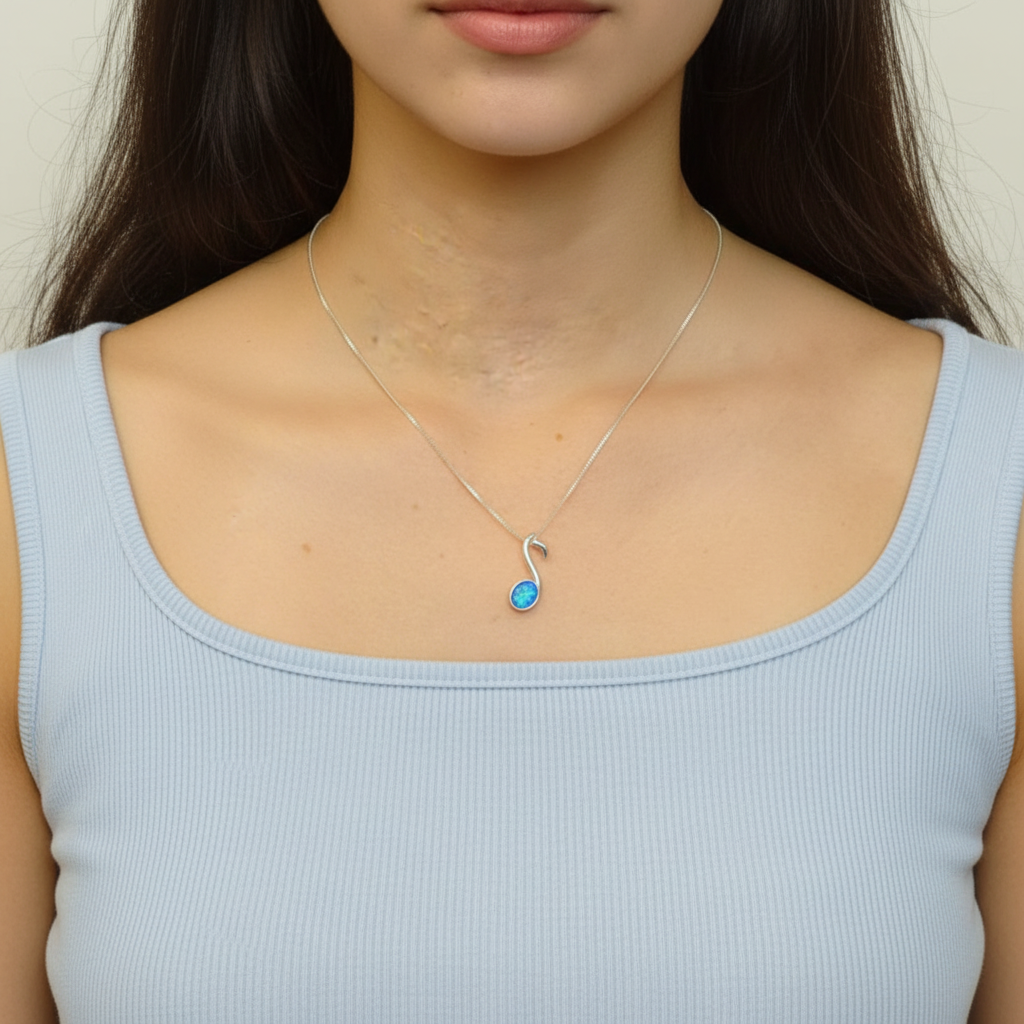 Model wearing silver 925 quaver music note memorial pendant at true 21x7mm scale
