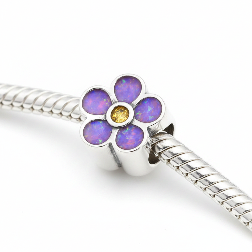 Forget-Me-Not Floral Bead 925 Silver Memorial Charm – purple opal petals with yellow centre