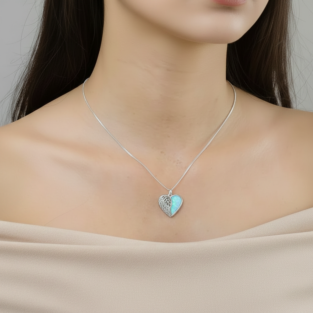 Silver 925 angel wing heart memorial pendant worn on model — true 20x22mm scale