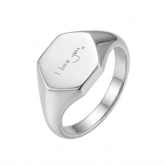 Illustrative mirror-polished hexagon silver signet ring with I love you x handwriting engraving
