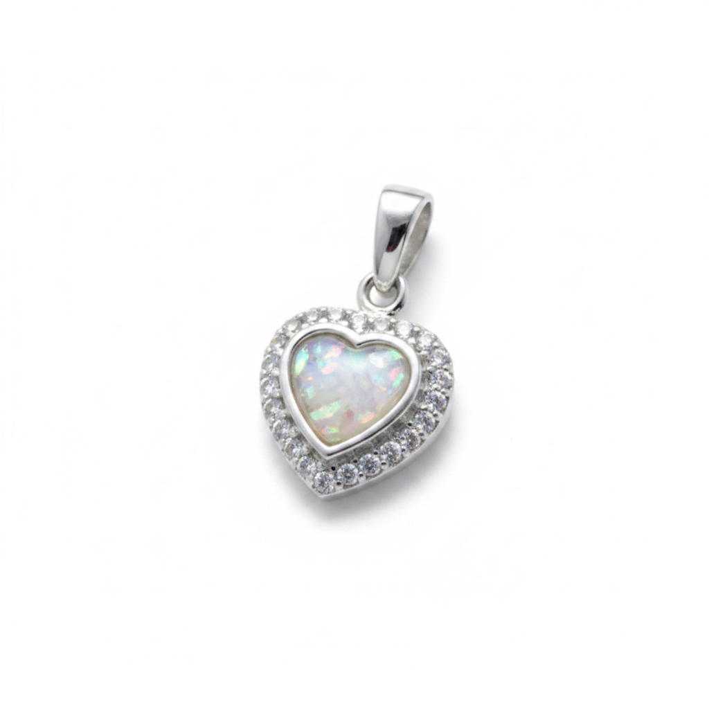 Silver 925 heart memorial pendant with CZ halo — white pearl opal flakes inclusion
