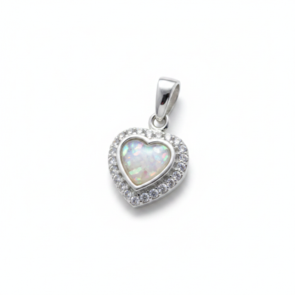 Silver 925 heart memorial pendant with CZ halo — white pearl opal flakes inclusion
