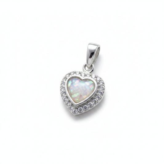 Silver 925 heart memorial pendant with CZ halo — white pearl opal flakes inclusion