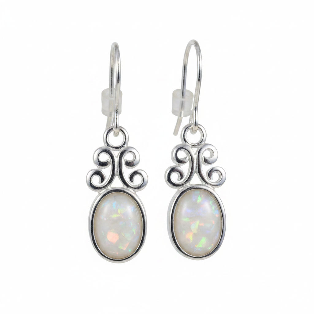 Silver 925 filigree scroll drop earrings - white pearl opal resin