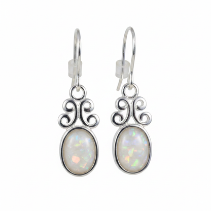 Silver 925 filigree scroll drop earrings - white pearl opal resin