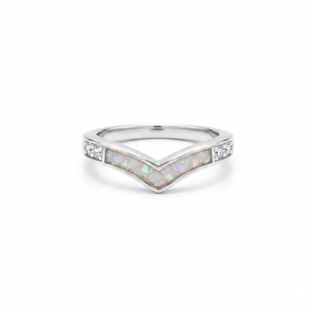 925 sterling silver wishbone CZ memorial ring with white pearl opal flakes in resin channel on white background