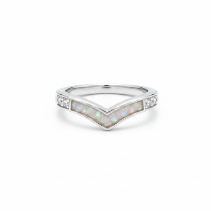 925 sterling silver wishbone CZ memorial ring with white pearl opal flakes in resin channel on white background