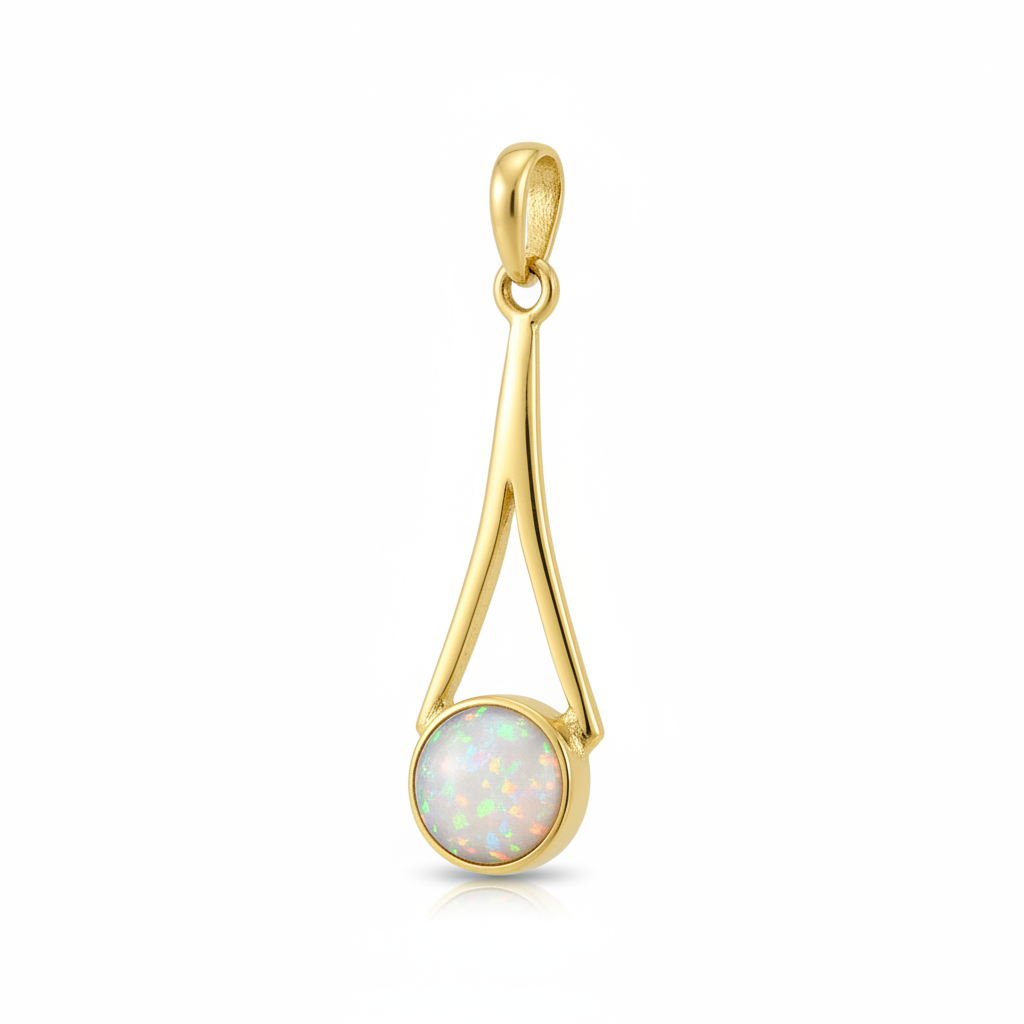 9ct gold elongated teardrop wire memorial pendant with white pearl iridescent opal flakes