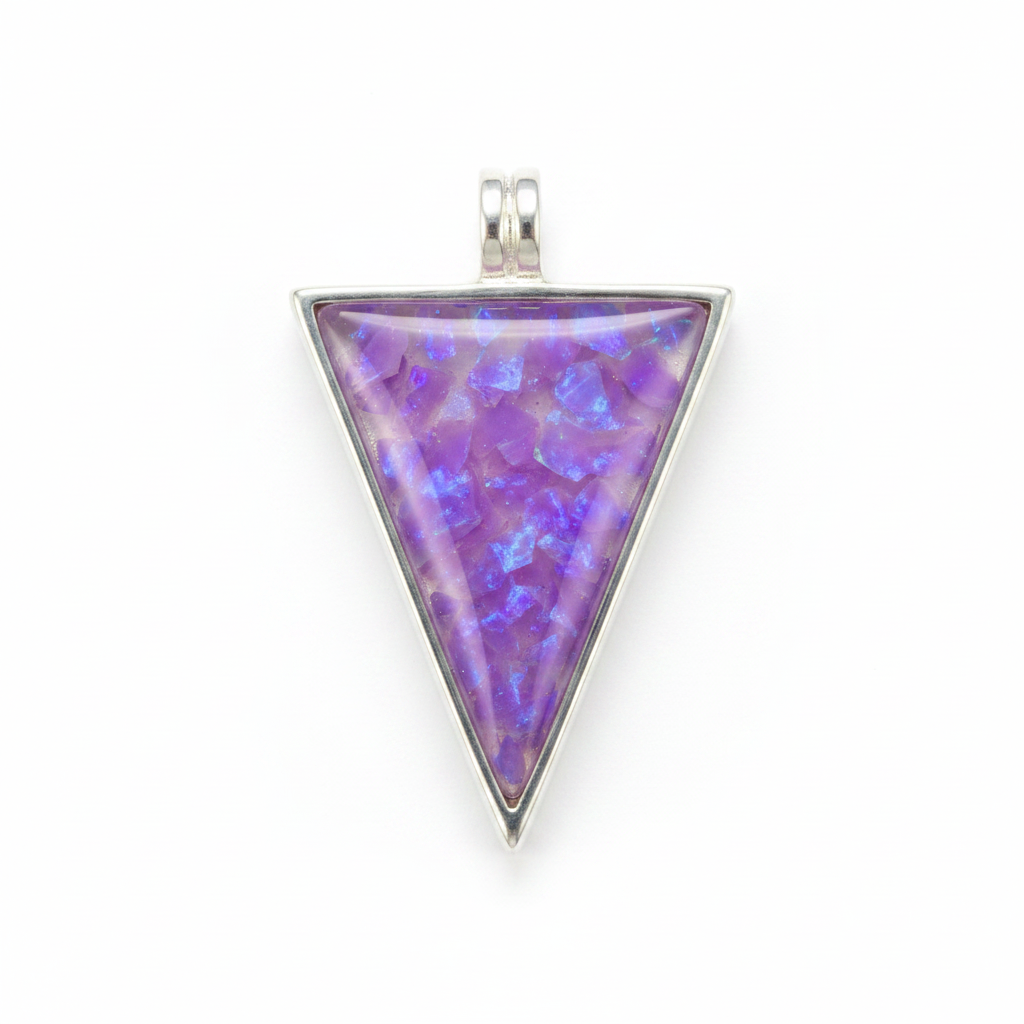 Silver 925 triangle memorial pendant — lavender purple opal flakes domed resin inclusion