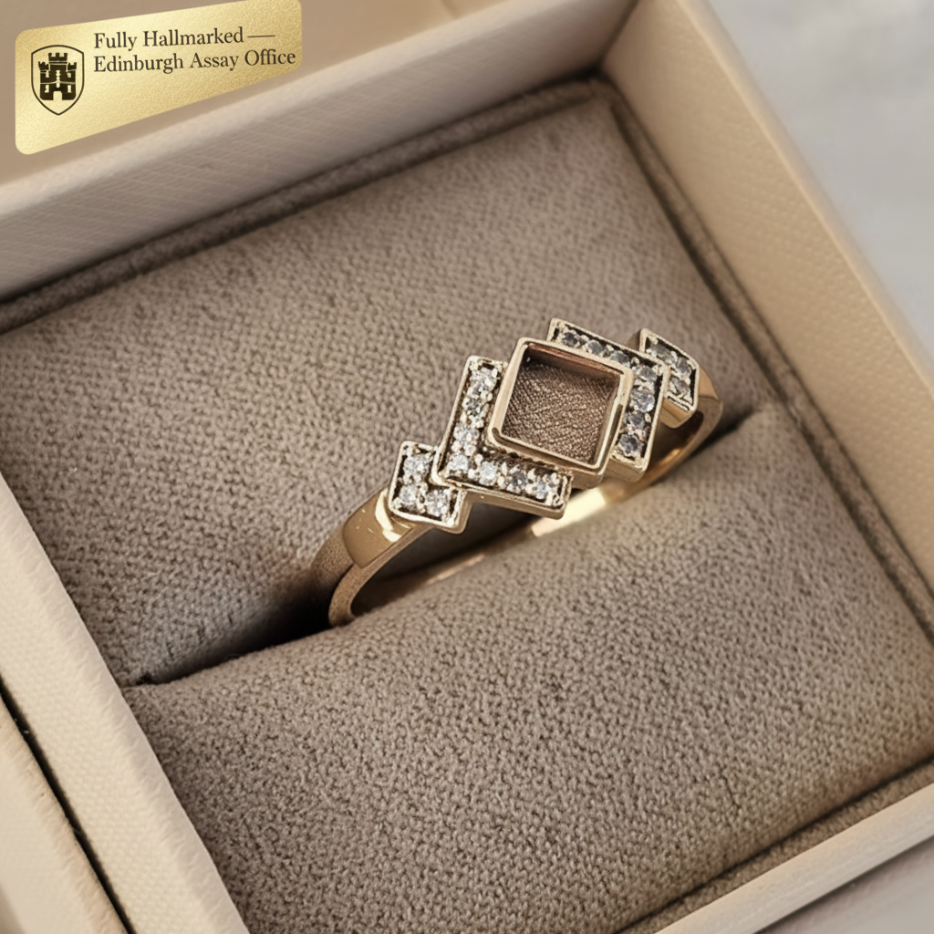 9K gold Art Deco CZ ring in box top view with Edinburgh Assay Office hallmark sticker
