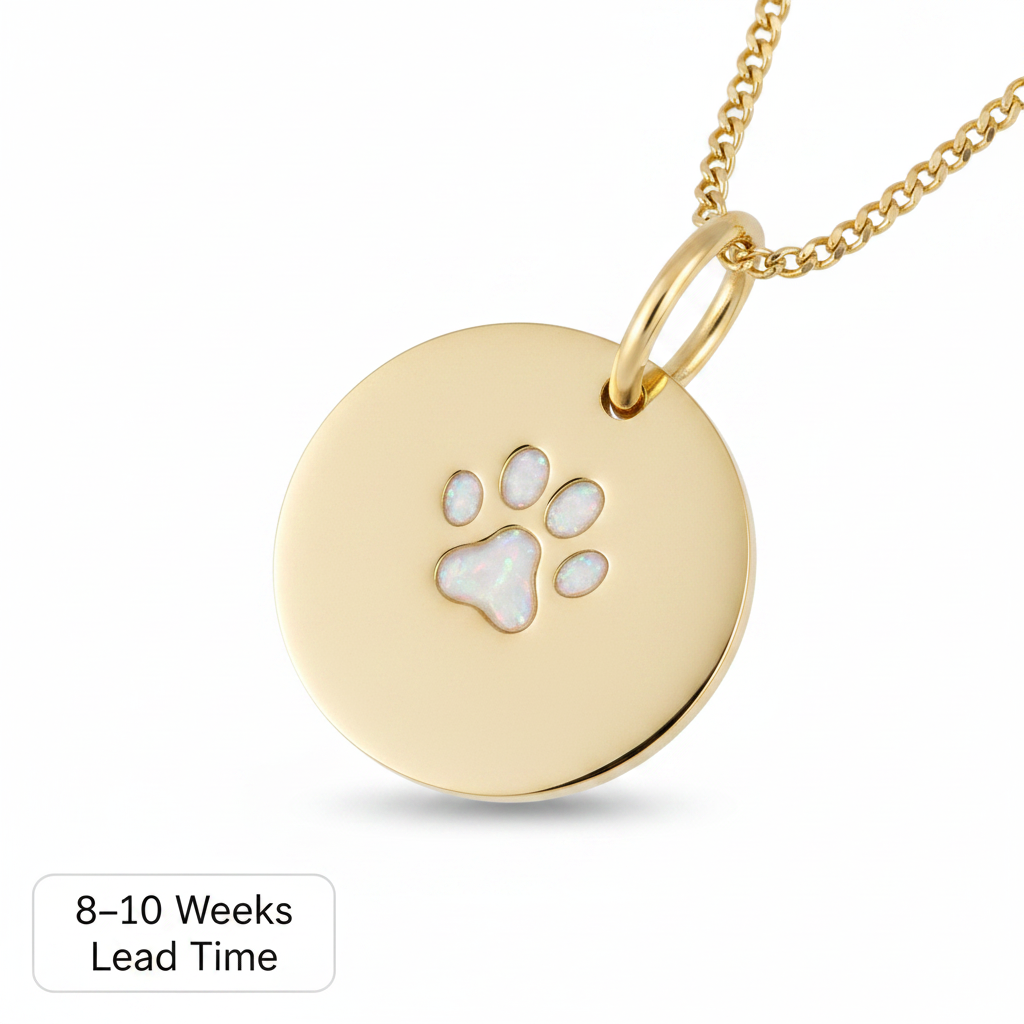 9ct Gold Round Paw Print Disc Pendant — white pearl opal resin inside paw print, white background