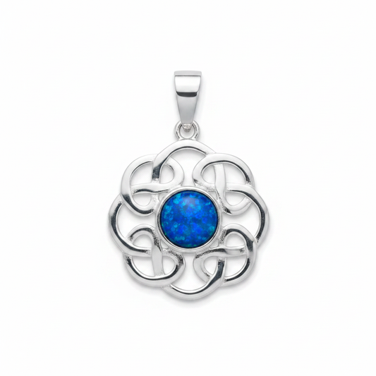 Silver 925 Celtic flower knot memorial pendant with blue opal flakes, white background