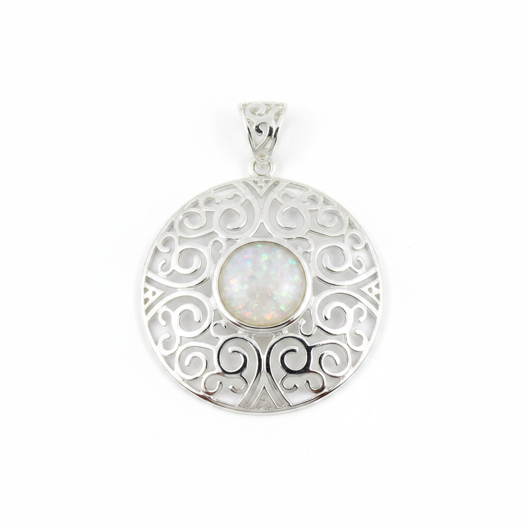 Heavy silver 925 filigree disc memorial pendant with white opal and mica, white background
