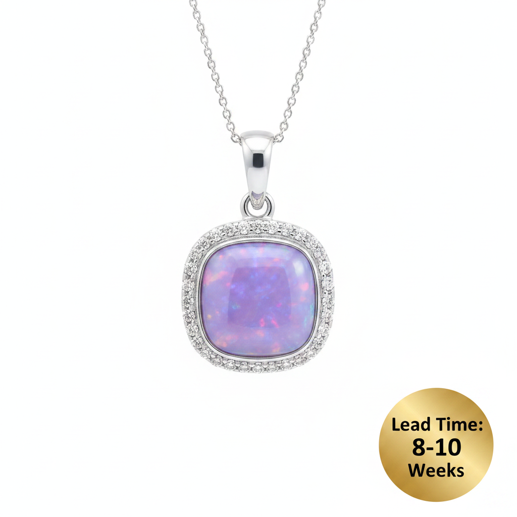 9ct white gold CZ cushion memorial pendant with lavender opal resin, matching blank shape, white background, lead time 8-10 weeks