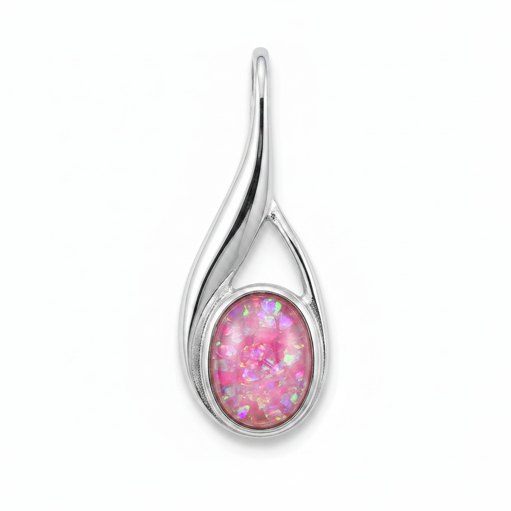 Silver 925 fluid twist teardrop memorial pendant with pink opal flakes, white background