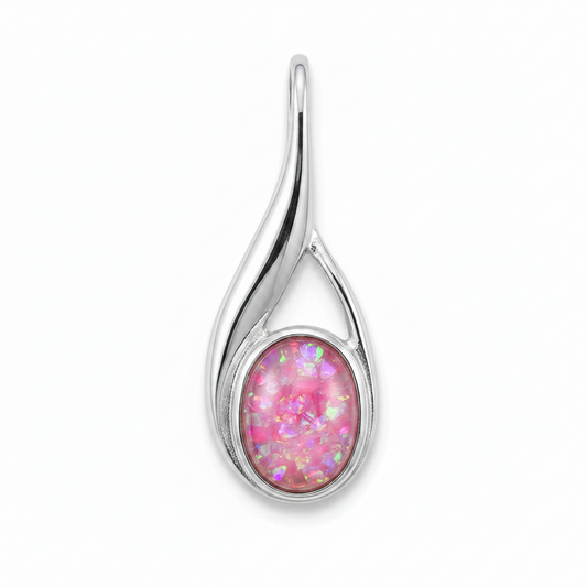 Silver 925 fluid twist teardrop memorial pendant with pink opal flakes, white background