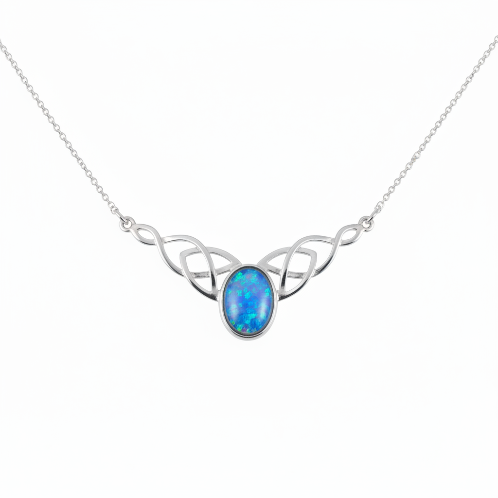 Silver 925 Celtic triquetra bar memorial necklace with blue opal flakes, white background