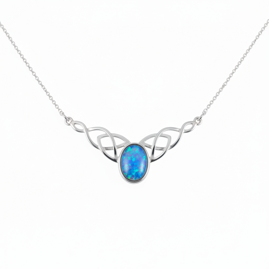Silver 925 Celtic triquetra bar memorial necklace with blue opal flakes, white background