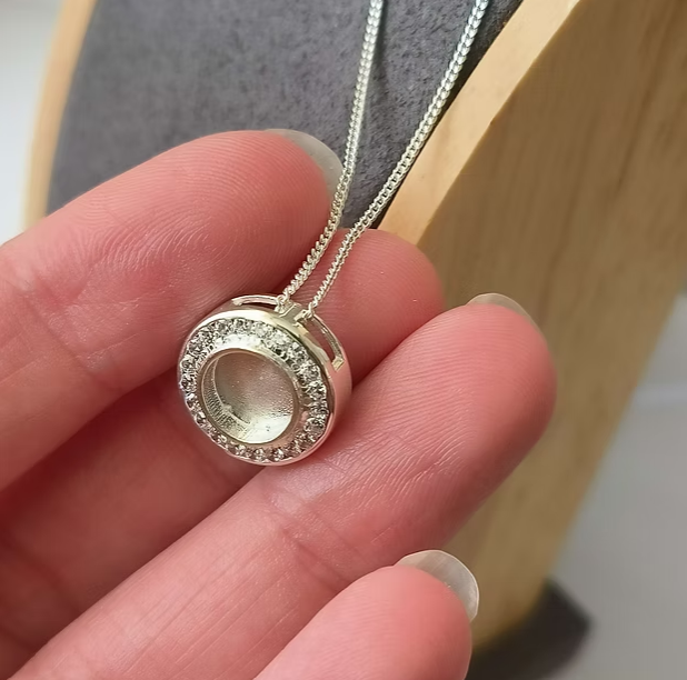 Floating Halo CZ Round 925 Silver Pendant — 14mm | Ashes, Hair & Fur Memorial Keepsake Necklace
