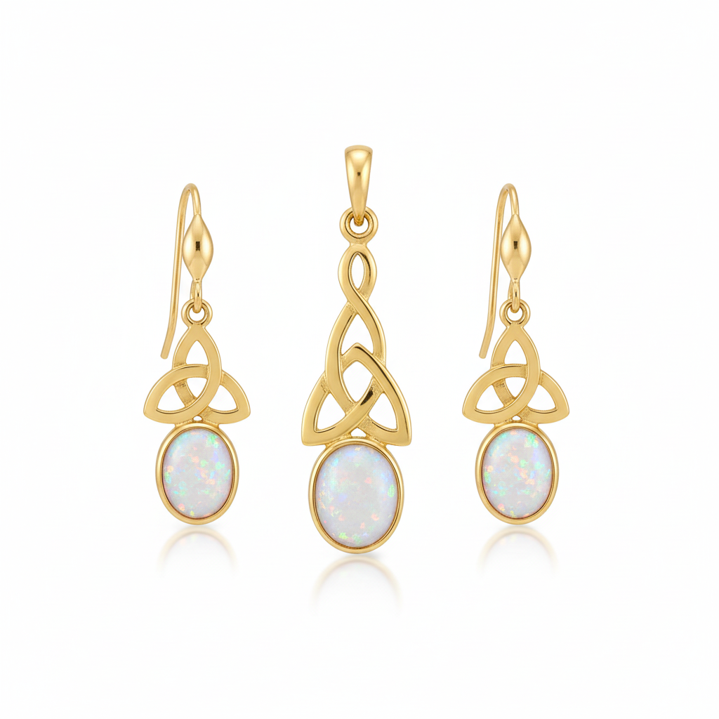 9ct gold Celtic memorial jewellery set with white pearl iridescent opal – pendant and earrings flat-lay white background