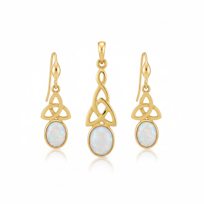 9ct gold Celtic memorial jewellery set with white pearl iridescent opal – pendant and earrings flat-lay white background