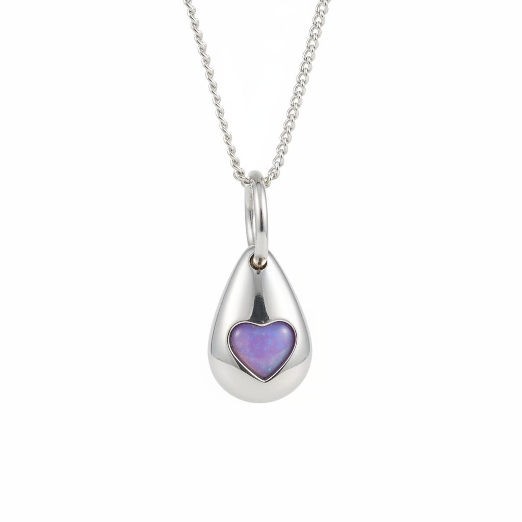 3D Pebble Solid Heart 925 Silver Memorial Pendant with lavender opal resin in heart bezel — white background