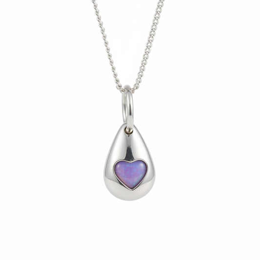 3D Pebble Solid Heart 925 Silver Memorial Pendant with lavender opal resin in heart bezel — white background