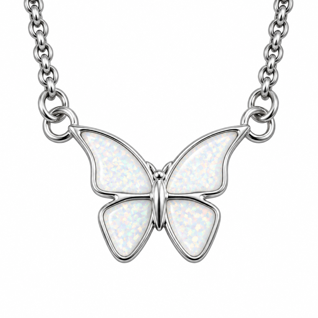 Butterfly memorial necklace with white pearl opal resin wings