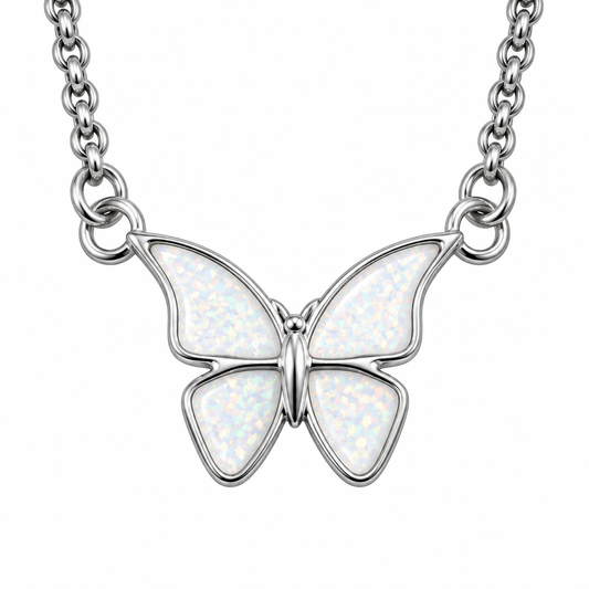 Butterfly memorial necklace with white pearl opal resin wings