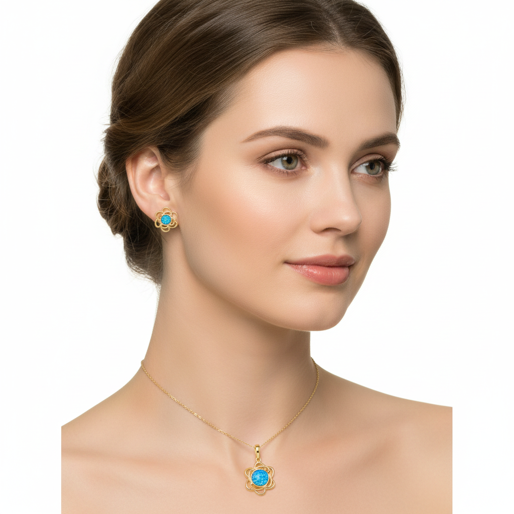 Model wearing 9ct gold open rose flower memorial set — pendant and earrings