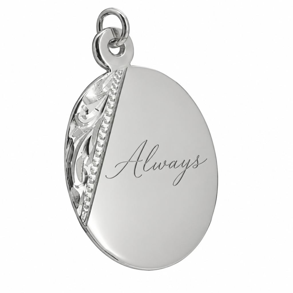 Illustrative handwriting engraving on decorative oval sterling silver pendant without chain; actual writing will follow customer's artwork
