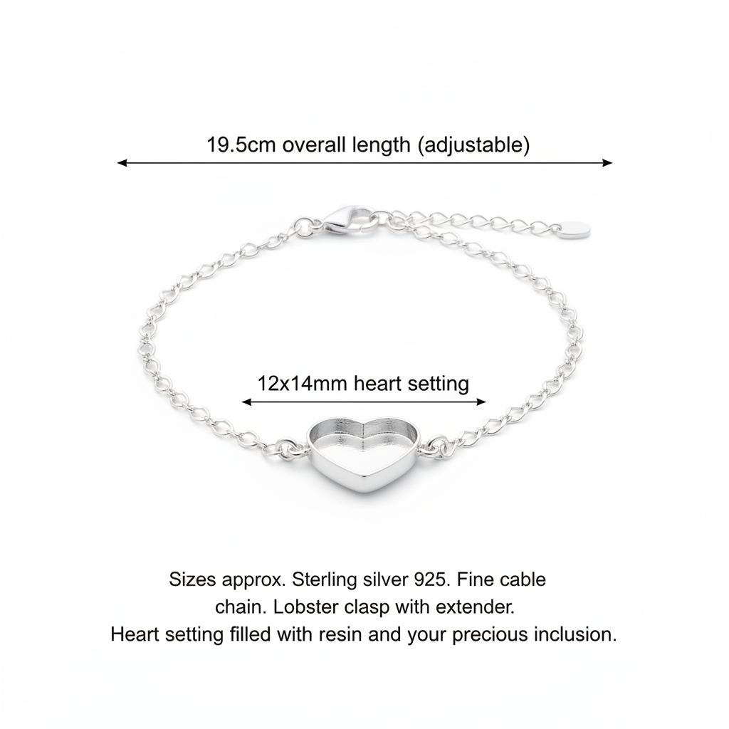 Silver 925 heart memorial bracelet dimensions guide — 12x14mm heart setting, 19.5cm overall length, lobster clasp with extender
