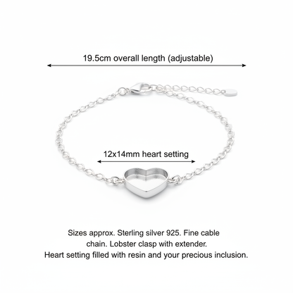 Silver 925 heart memorial bracelet dimensions guide — 12x14mm heart setting, 19.5cm overall length, lobster clasp with extender