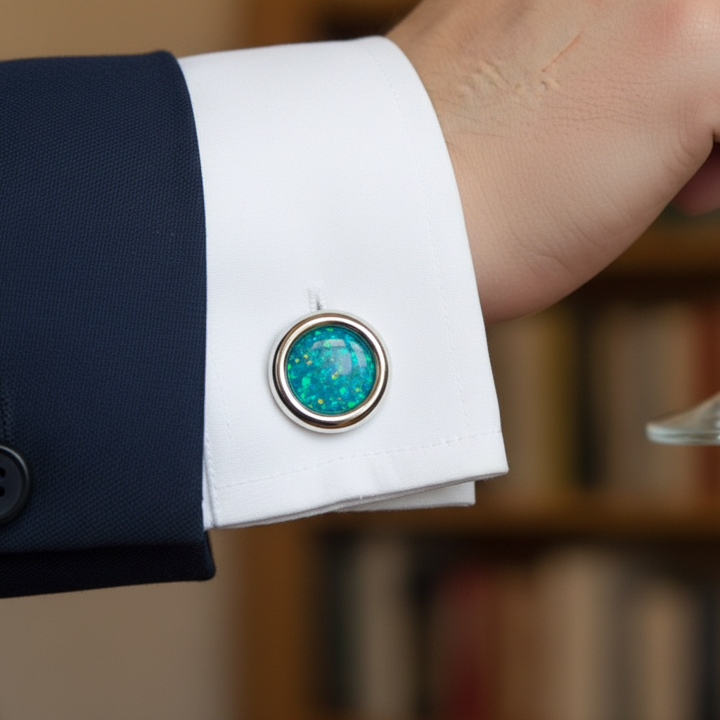 Silver 925 round cufflink worn on white dress shirt cuff with navy suit jacket lifestyle shot