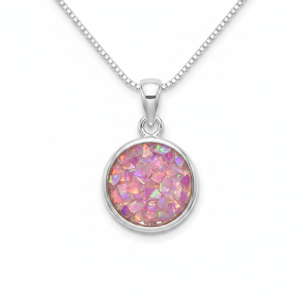 Plain edge silver round memorial pendant with pink opal flakes inclusion, white background