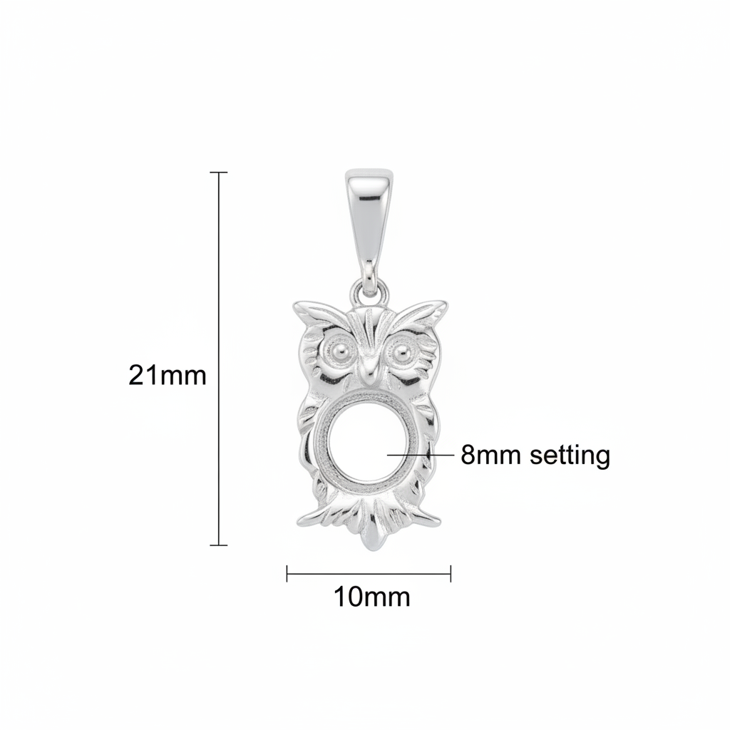 Silver 925 owl memorial pendant dimensions — 21x10mm overall, 8mm round centre