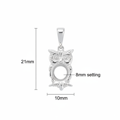 Silver 925 owl memorial pendant dimensions — 21x10mm overall, 8mm round centre