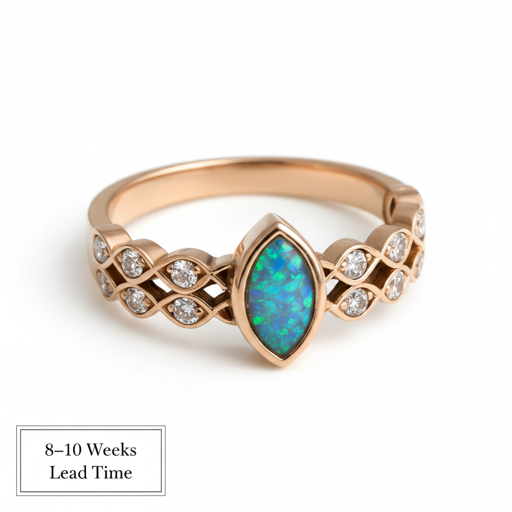 9ct Gold Double Marquise CZ Band Ring — blue teal opal resin, white background