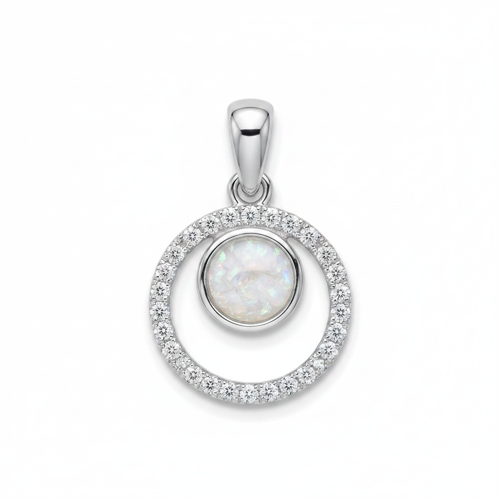 Silver 925 double circle CZ memorial pendant with white opal and mica, white background