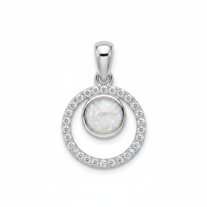 Silver 925 double circle CZ memorial pendant with white opal and mica, white background