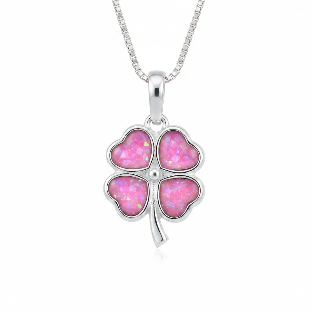 Silver 925 four leaf clover memorial pendant with pink opal resin on chain, white background