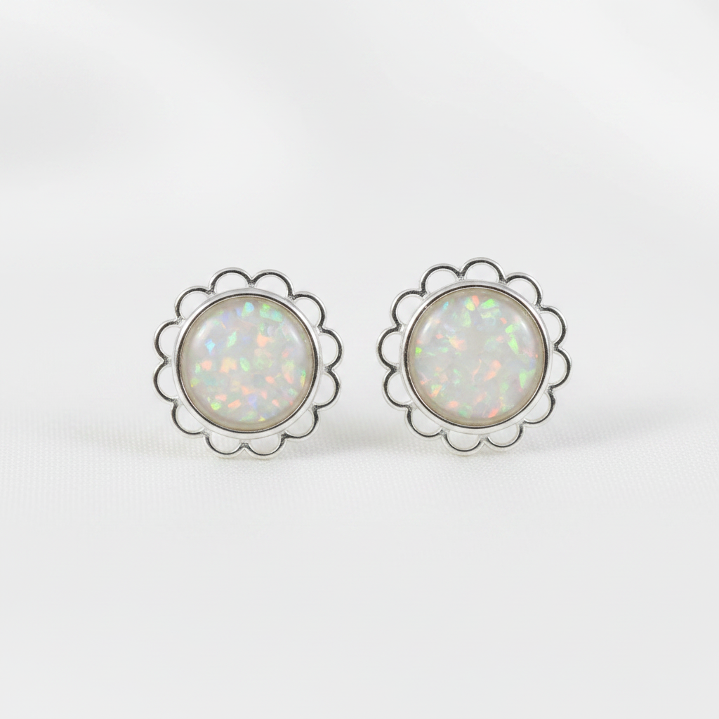 Silver 925 frill edge stud earrings pair — white pearl opal flakes resin in 6mm centre setting
