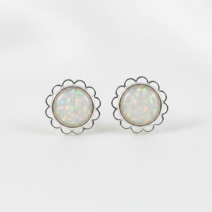 Silver 925 frill edge stud earrings pair — white pearl opal flakes resin in 6mm centre setting