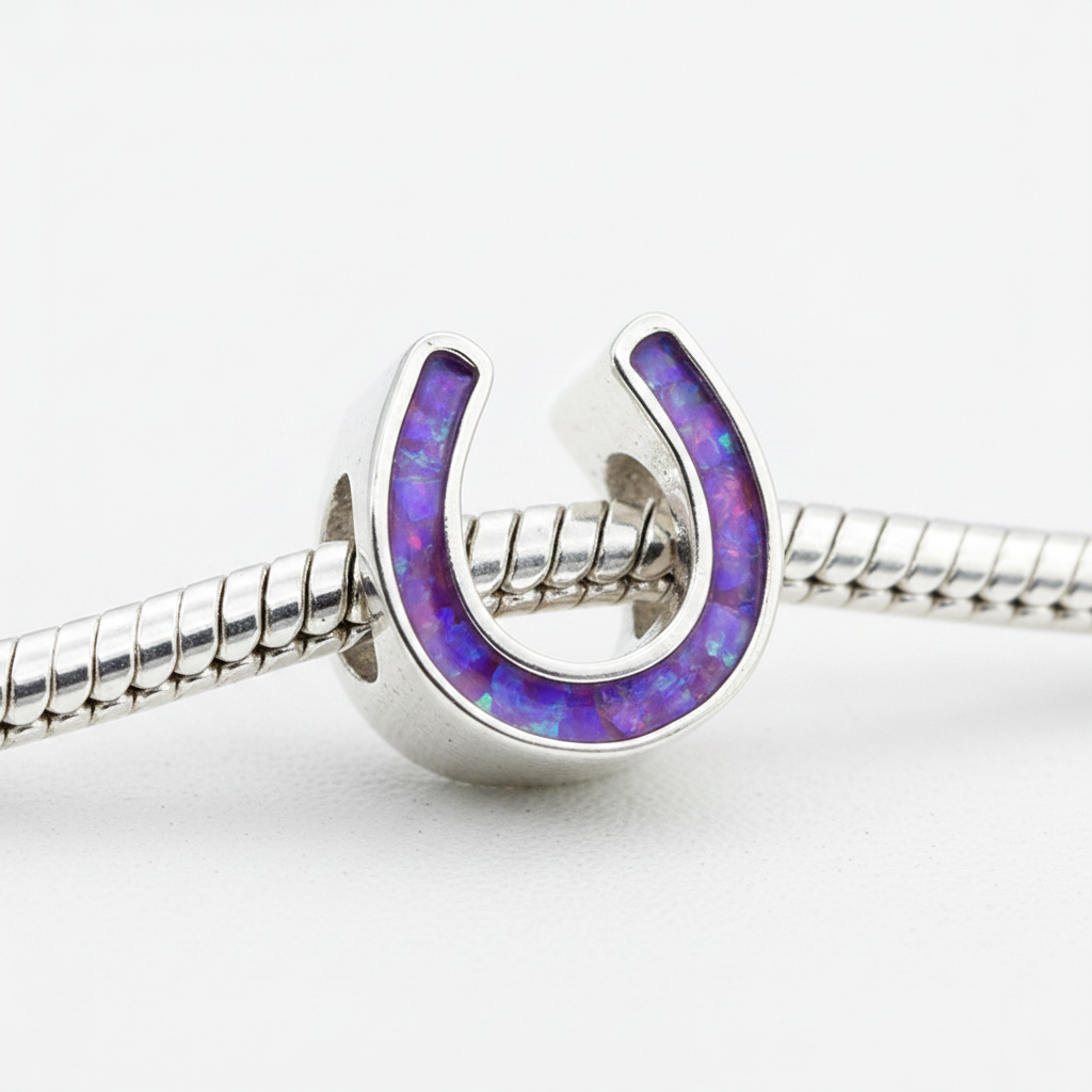 Horse Shoe Bead 925 Silver Memorial Charm – purple lavender opal inclusion