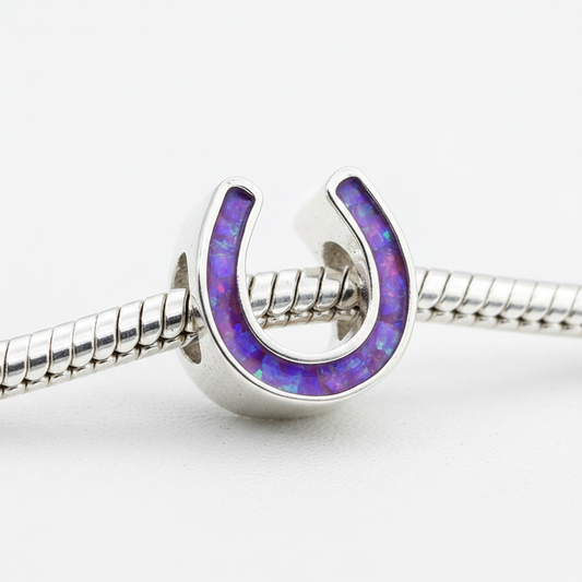 Horse Shoe Bead 925 Silver Memorial Charm – purple lavender opal inclusion