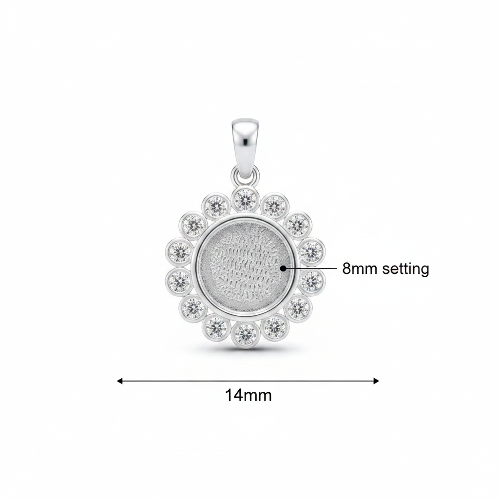 Silver 925 halo CZ memorial pendant dimensions — 14mm overall, 8mm round centre