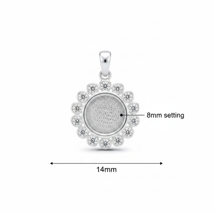 Silver 925 halo CZ memorial pendant dimensions — 14mm overall, 8mm round centre