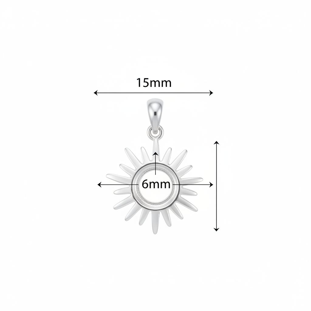 Silver 925 sun memorial pendant dimensions — 15mm overall, 6mm round centre setting