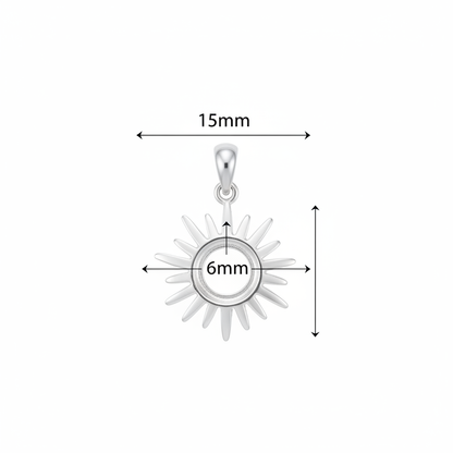 Silver 925 sun memorial pendant dimensions — 15mm overall, 6mm round centre setting